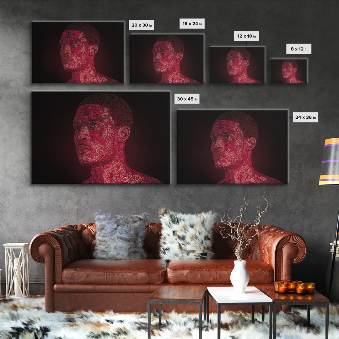 Red Patterned Black Man Portrait Framed Canvas Print, Abstract Black Art, Afrocentric Artwork, Modern Ethnic Wall Decor Gift