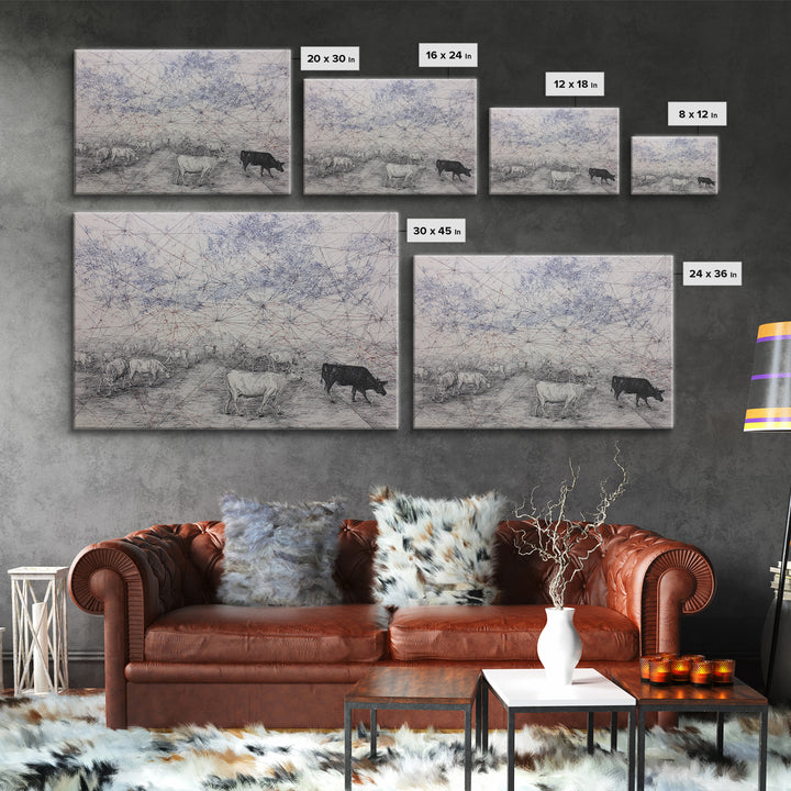 Pastoral Cattle Under Abstract Network Sky Wall Art, African Landscape, Farm Animal Art, Minimalist Office Decor Gift For Him