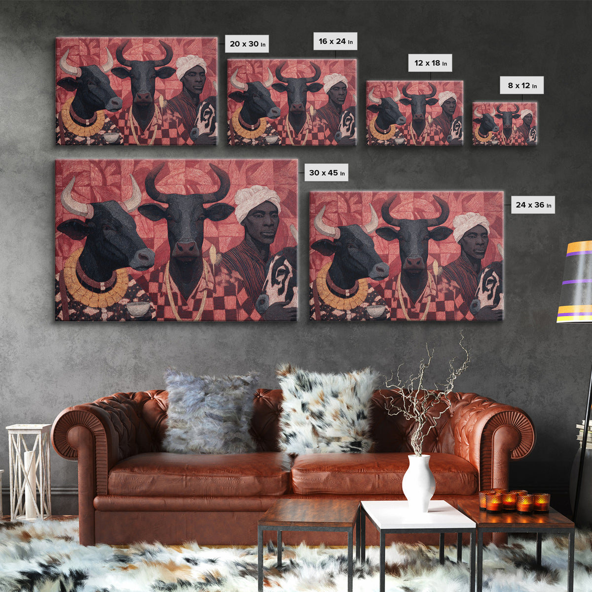 Red Tribal Cattle And African Woman Collage Wall Art, Afrocentric Decor, African Wall Decor, Cultural Art Print, Home Decor Gift