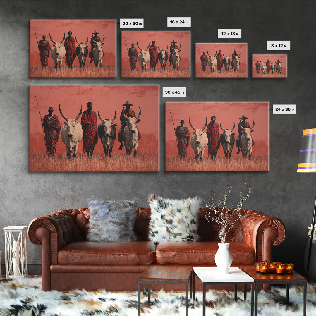 Maasai Warriors With White Cattle Framed Canvas Print, African Safari Art, Tribal Art Decor, Cultural Wall Art, Statement Decor