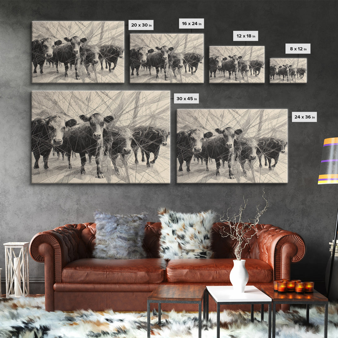 Black And White Abstract Cattle Drawing Canvas Print, African Animal Art, Modern African Art, Ethnic Wall Decor, Minimalist Poster