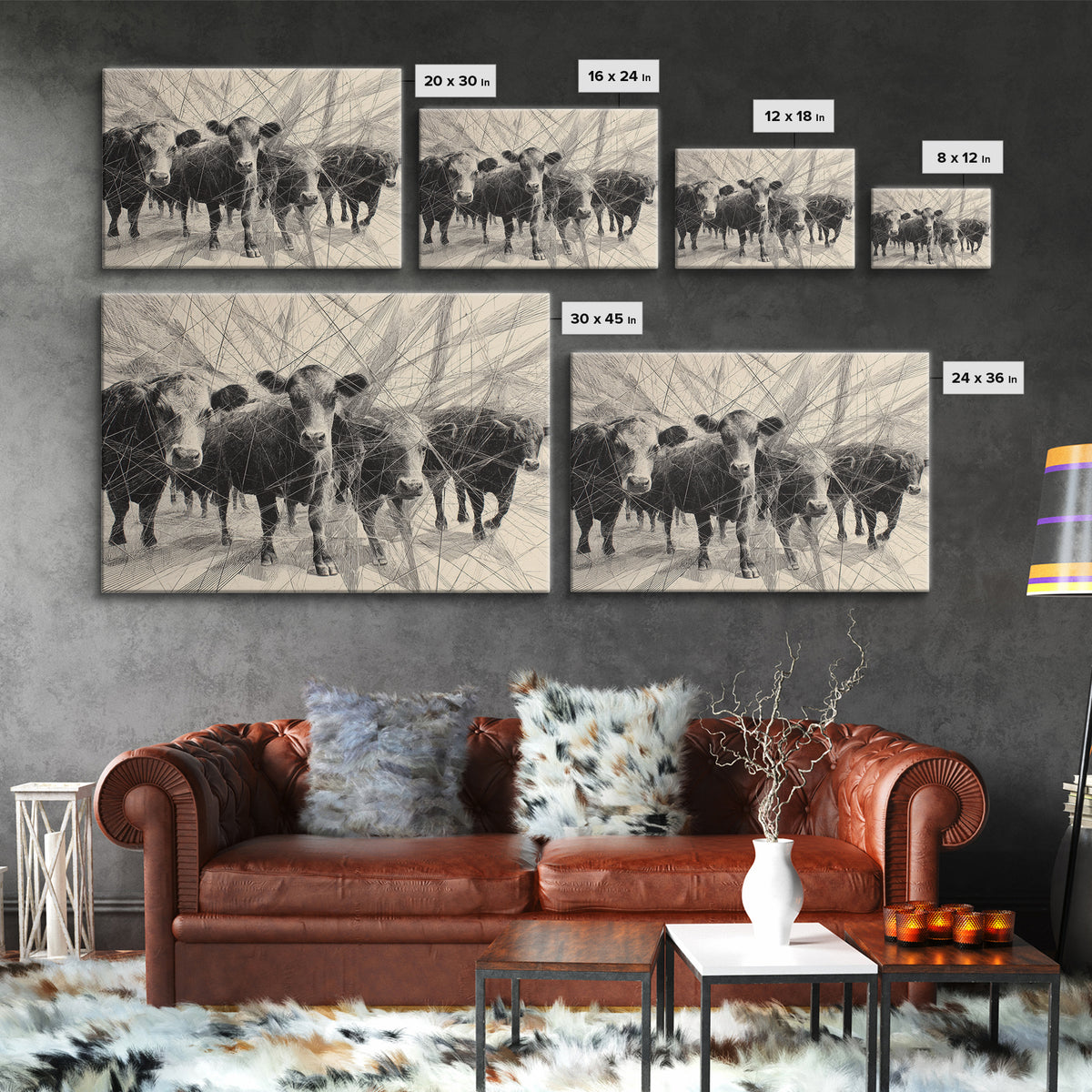 Black And White Abstract Cattle Drawing Canvas Print, African Animal Art, Modern African Art, Ethnic Wall Decor, Minimalist Poster