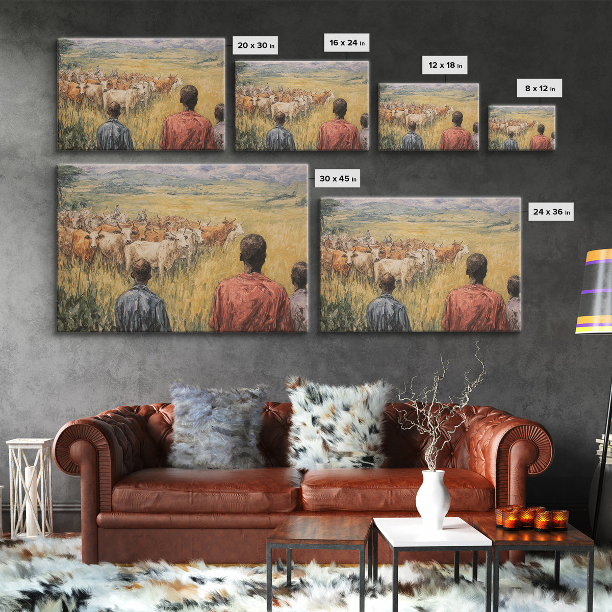 Pastoral African Cattle Herd Landscape Wall Art, African Painting, Safari Art, Cultural Home Decor, Living Room Decor, Gift