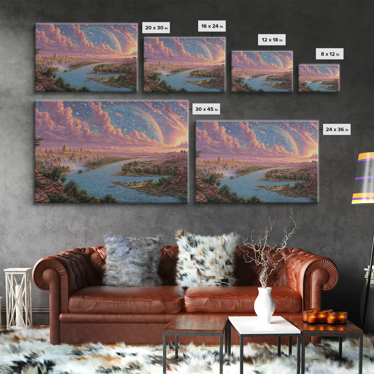 Ancient Nile River Temple Under Cosmic Sky Framed Canvas Print, African Egyptian Art, Fantasy Landscape, Luxury Canvas Art