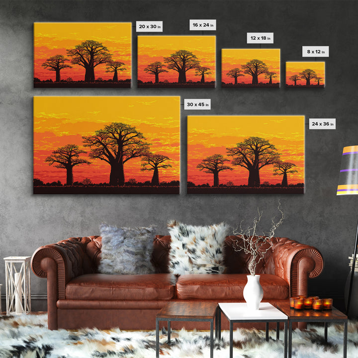 Orange Baobab Tree Silhouette Sunset Wall Art, African Landscape, Boho African Art, Burnt Orange Art, Nature Scene Art, Home Decor