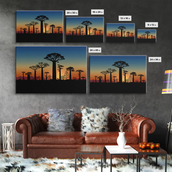 Baobab Tree Silhouettes At Blue Dusk Canvas Print, Madagascar Wall Art, African Tree, Minimalist Wall Art, Safari Decor, Office Decor