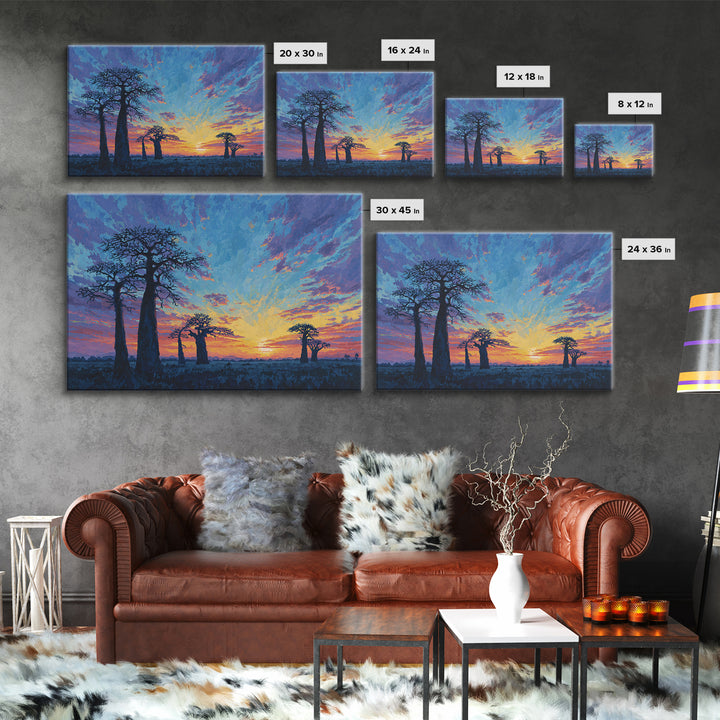 Painterly Blue Baobab Sunset Landscape Wall Art, African Landscape, Dreamy Wall Art, Modern Canvas Art, Colorful Wall Decor