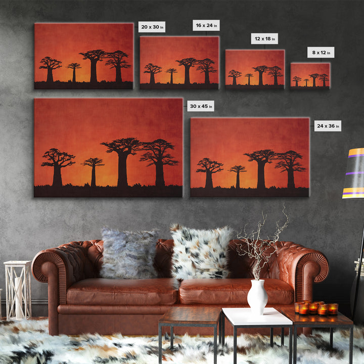 Red Orange Baobab Silhouette Horizon Canvas Print, African Tree, Burnt Orange Art, Boho Wall Decor, Rustic Decor, Home Decor