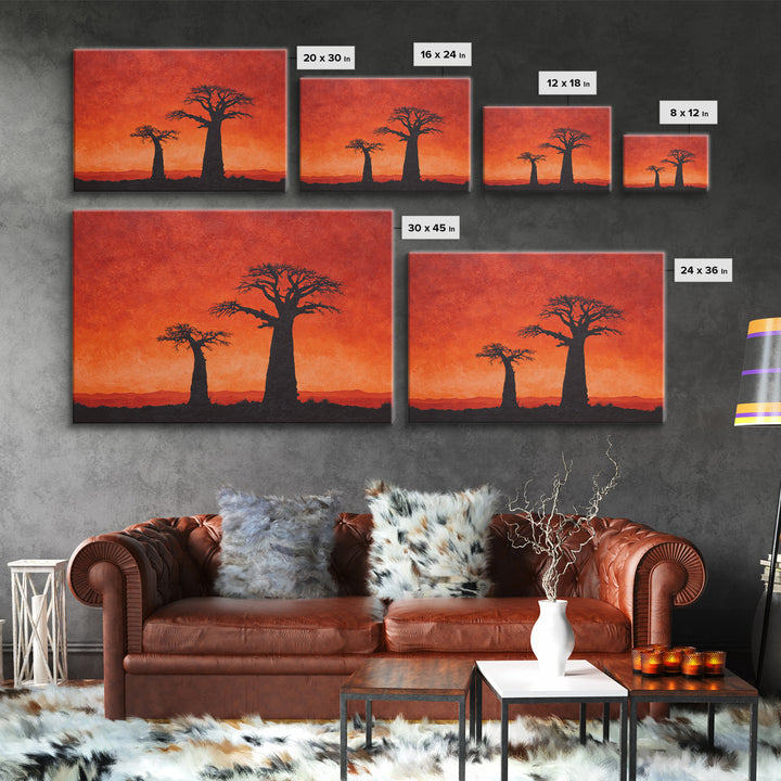 Baobab Tree Silhouettes At Fiery Sunset Wall Art, African Landscape, Safari Decor, Burnt Orange Art Print, Living Room Decor