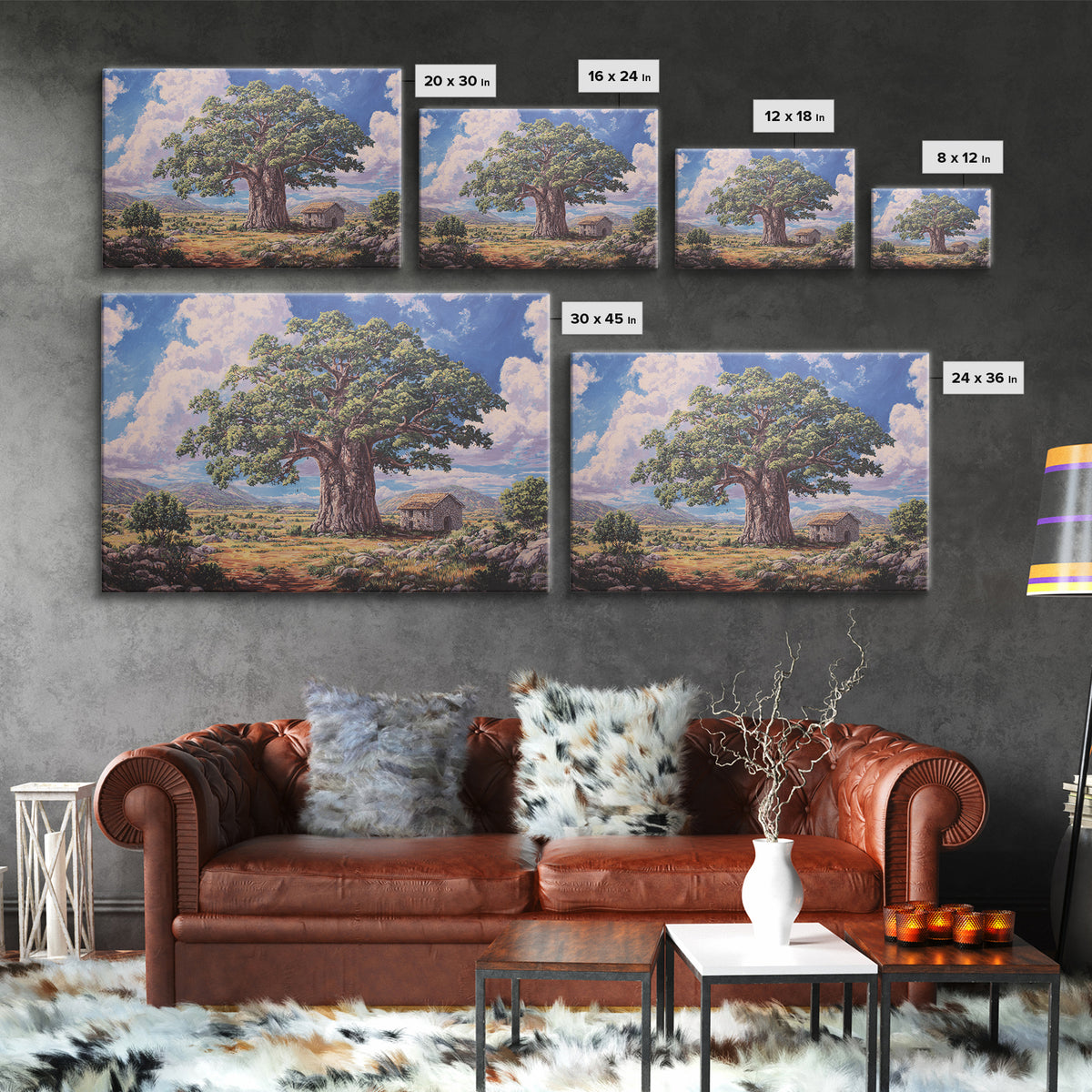 Ancient Baobab Beside Rustic Hut Framed Canvas Print, African Landscape, Cultural Wall Art, Earth Tone Decor, Housewarming Gift