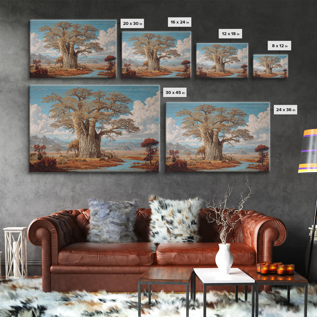 Monumental Baobab By River Plains Canvas Print, African Landscape, Safari Decor, Blue Wall Art, Elegant Home Decor Gift For Her