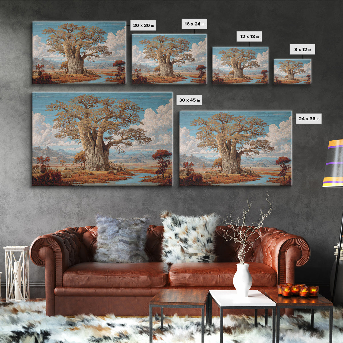 Monumental Baobab By River Plains Canvas Print, African Landscape, Safari Decor, Blue Wall Art, Elegant Home Decor Gift For Her