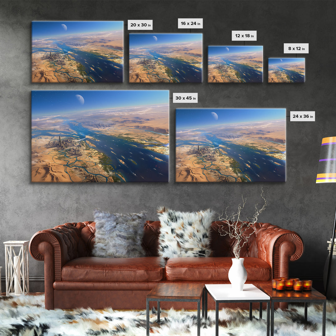 Futuristic Nile River Cities From Space Canvas Print, African Egyptian Art, Desert Landscape, Digital Wall Art, Modern Home Decor