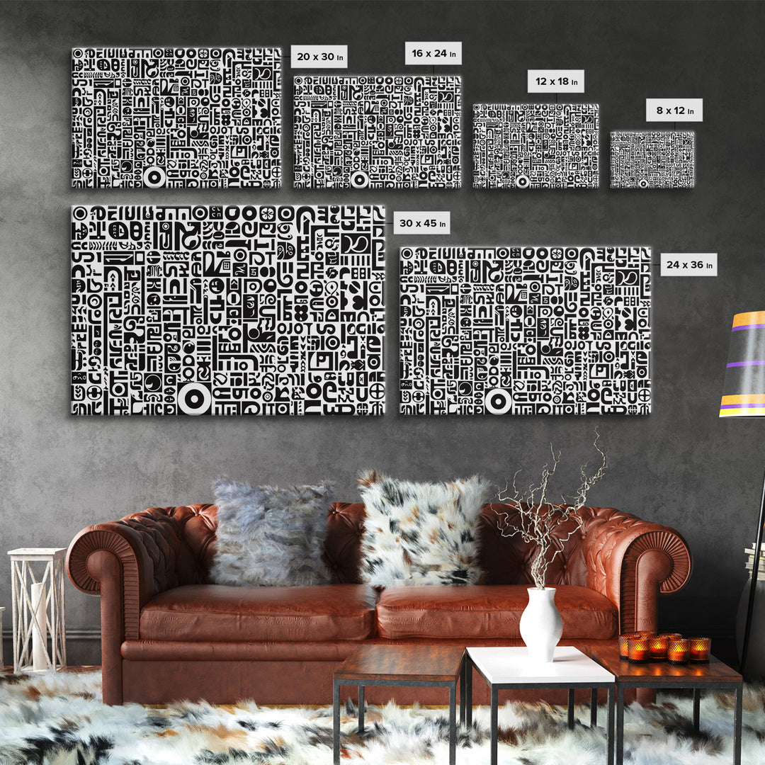 Black And White African Symbols Canvas Print, Abstract Ethnic Art, Tribal Pattern Wall Decor, Minimalist Office Art Gift