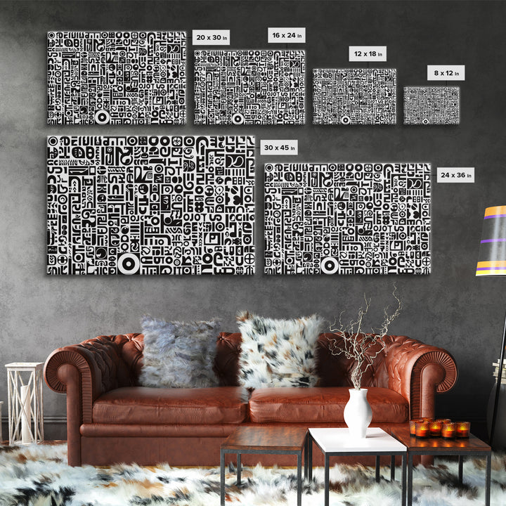 Black And White African Symbols Canvas Print, Abstract Ethnic Art, Tribal Pattern Wall Decor, Minimalist Office Art Gift
