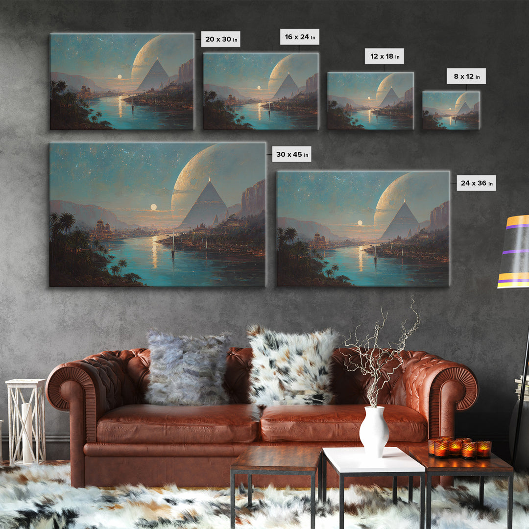 Dreamy Egyptian Pyramid River Wall Art, African Landscape, Ancient Egyptian Art Print, Fantasy Moonlit Home Decor Gift For Bedroom