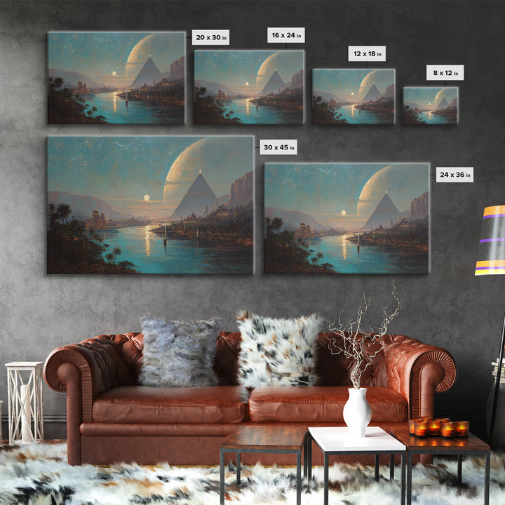 Dreamy Egyptian Pyramid River Wall Art, African Landscape, Ancient Egyptian Art Print, Fantasy Moonlit Home Decor Gift For Bedroom