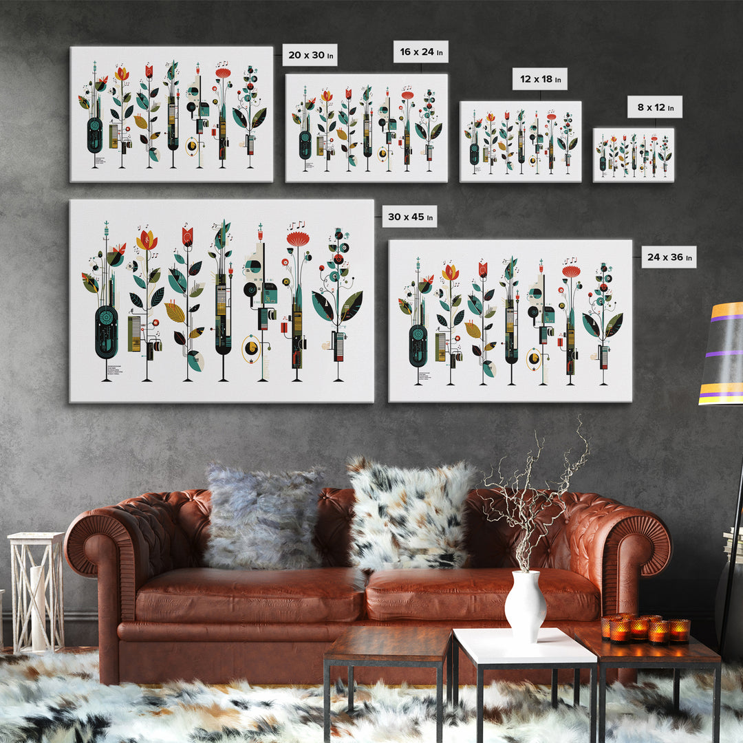 Musical Botanical Towers With Abstract Flowers Wall Art, Modern African Inspired Decor, Colorful Living Room Canvas Print