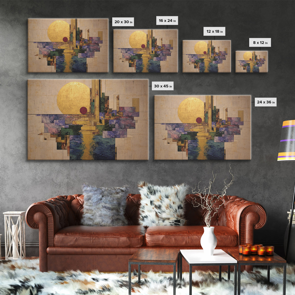 Golden Sun Geometric City Over Water Framed Canvas Print, African Abstract Wall Art, Luxury Modern Living Room Home Decor Gift