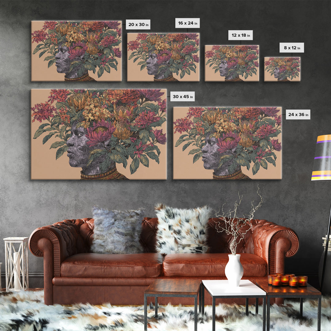 African Woman Profile With Protea Floral Crown Wall Art, Afrocentric Portrait Canvas Print, Black Beauty Home Decor Gift