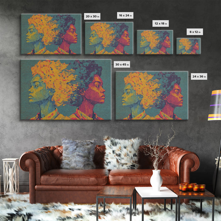Vibrant Black Couple Opposing Profiles Wall Art, African Abstract Canvas Print, Textured Afrocentric Portrait Decor Gift