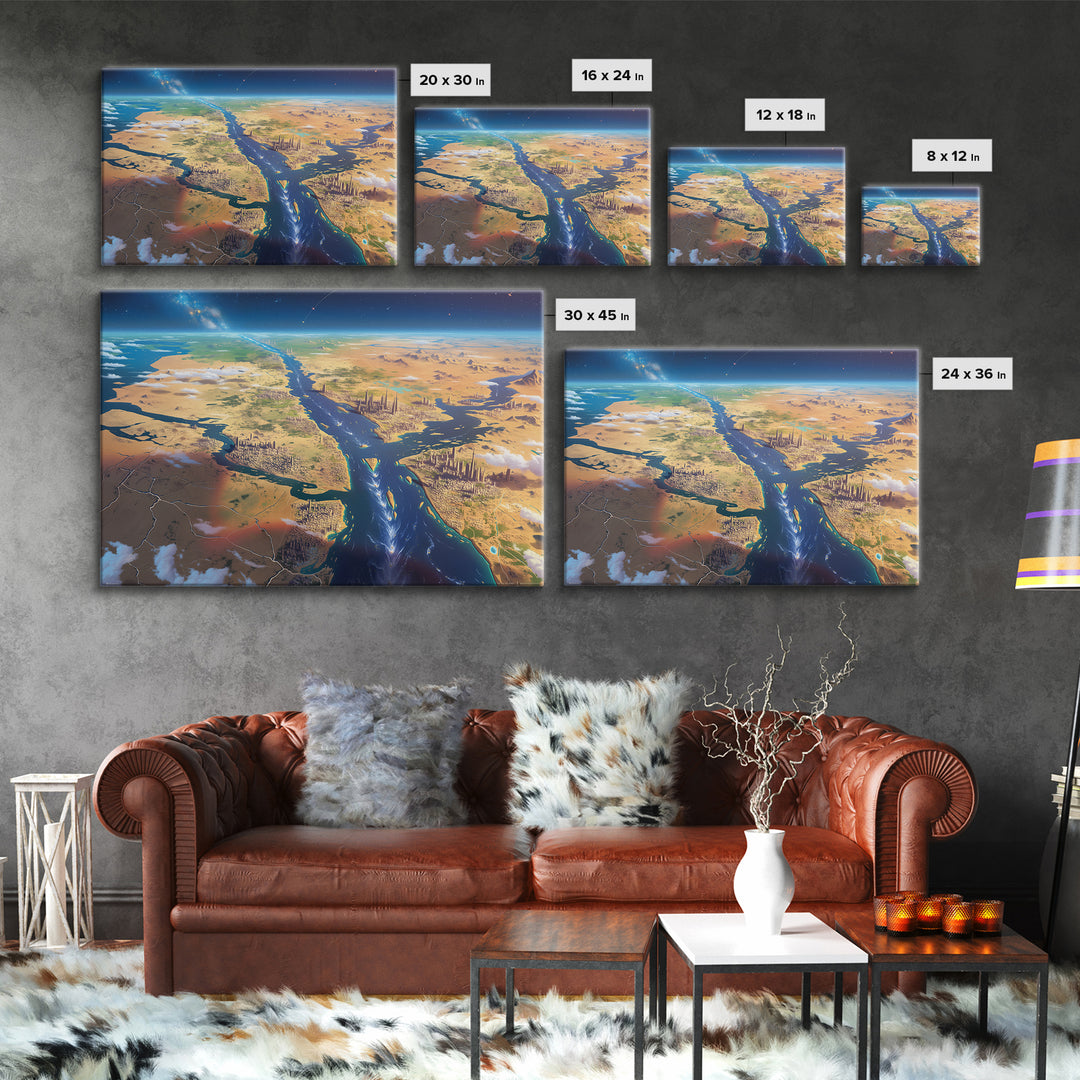 Futuristic Nile Delta Aerial Landscape Wall Art, African Travel Canvas Print, Egypt Map Poster, Modern Office Decor Gift