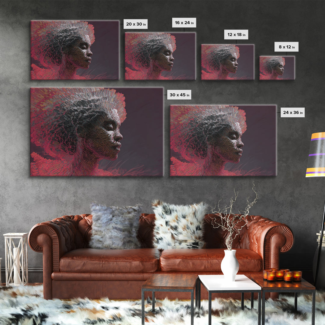 Mosaic Black Woman Profile In Red Shadows Wall Art, Abstract African Canvas Print, Contemporary Afrocentric Home Decor Gift