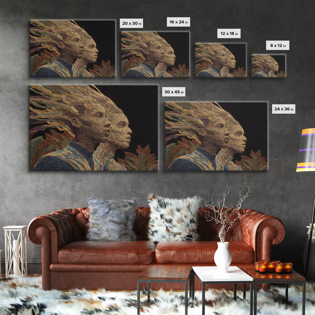 Surreal African Woman Double Portrait Canvas Print, African Women Art, Afrocentric Wall Art, Gold Textile Art, Elegant Decor