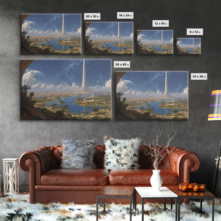 Afrofuturist African Cityscape Wall Art, Futuristic Nile Landscape, Digital Art Africa, Modern Canvas Print, Large Decor Art