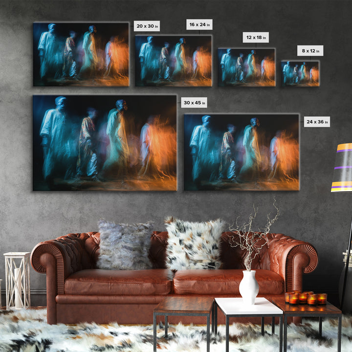 Ghostly African Procession Wall Art, Abstract Figure Canvas Print, Spiritual Wall Decor, Contemporary Art, Blue Orange Decor