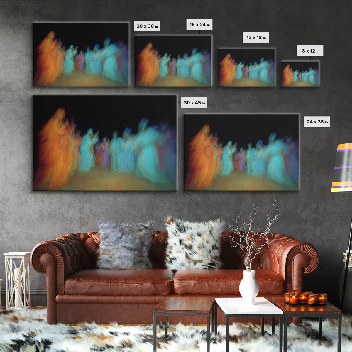 Blurred African Dancers In Orange And Teal Robes Wall Art, Afrocentric Culture Decor, Vibrant Tribal Canvas Print For Home Decor