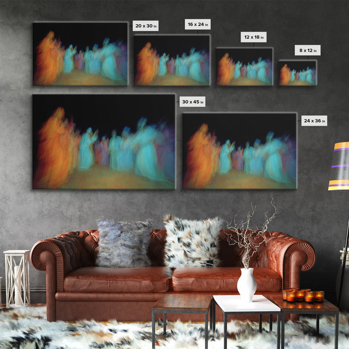 Blurred African Dancers In Orange And Teal Robes Wall Art, Afrocentric Culture Decor, Vibrant Tribal Canvas Print For Home Decor