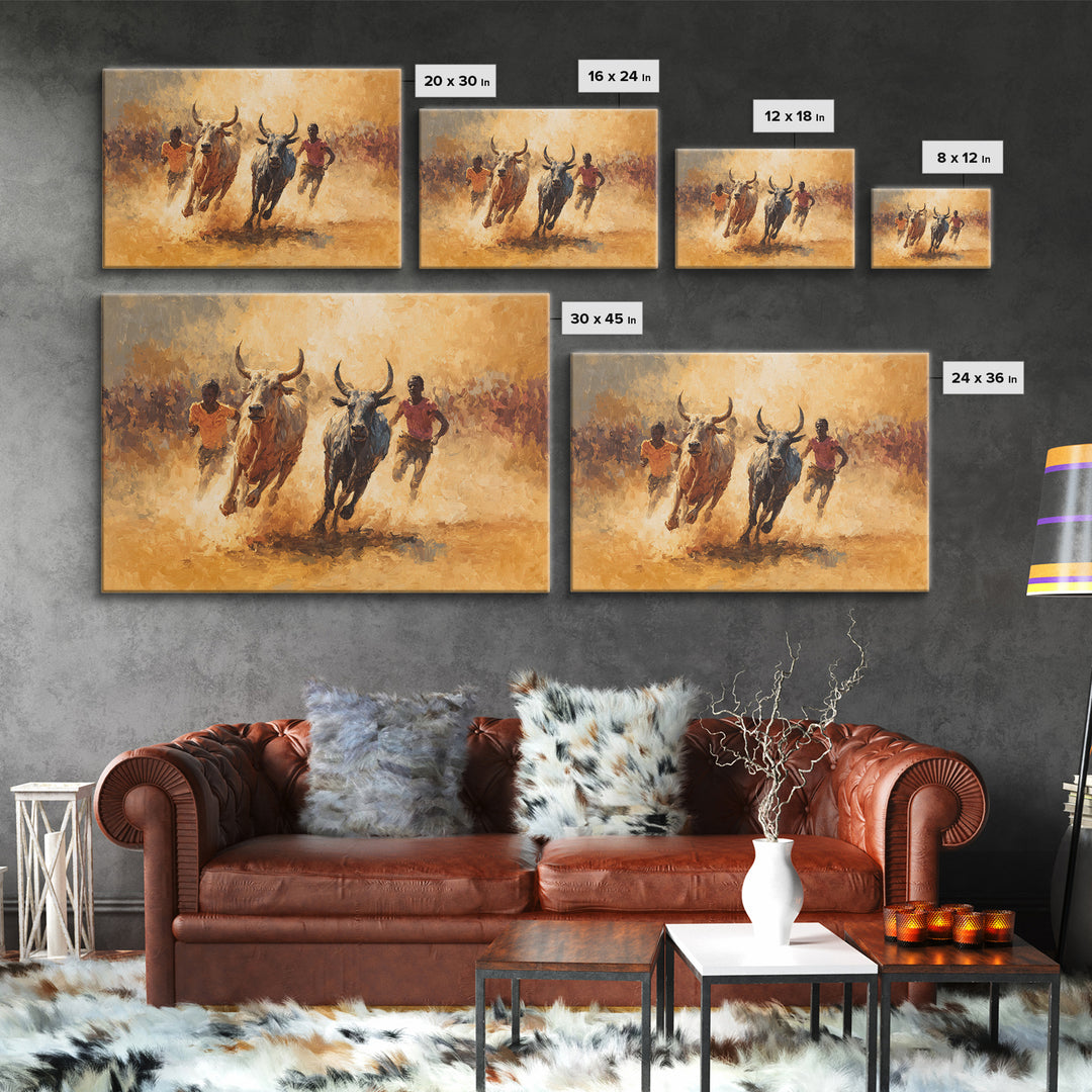 Dusty African Bull Race With Runners Canvas Print, Safari Culture Wall Art, Warm Earth Tone Decor For Living Room Gift Idea