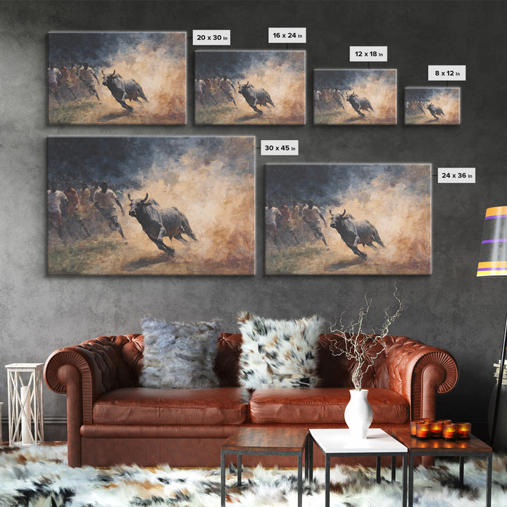 Charging Bull And Runners In Dusty Arena Wall Art, African Safari Art Decor, Dynamic Canvas Print For Bold Home Decor Gift
