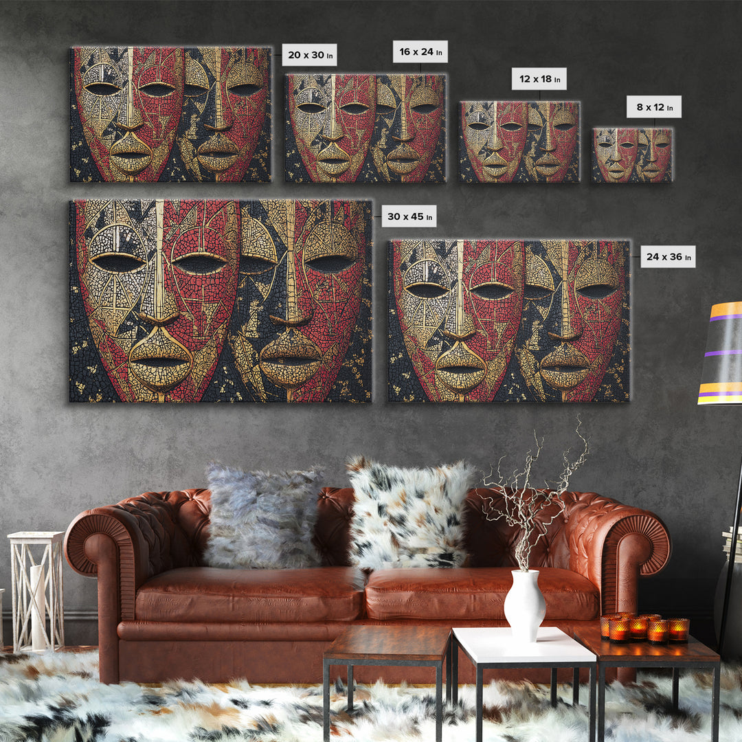 Dual African Tribal Masks In Red Gold Mosaic, Framed Canvas Print, Afrocentric Mask Art, Bold Cultural Wall Decor For Home