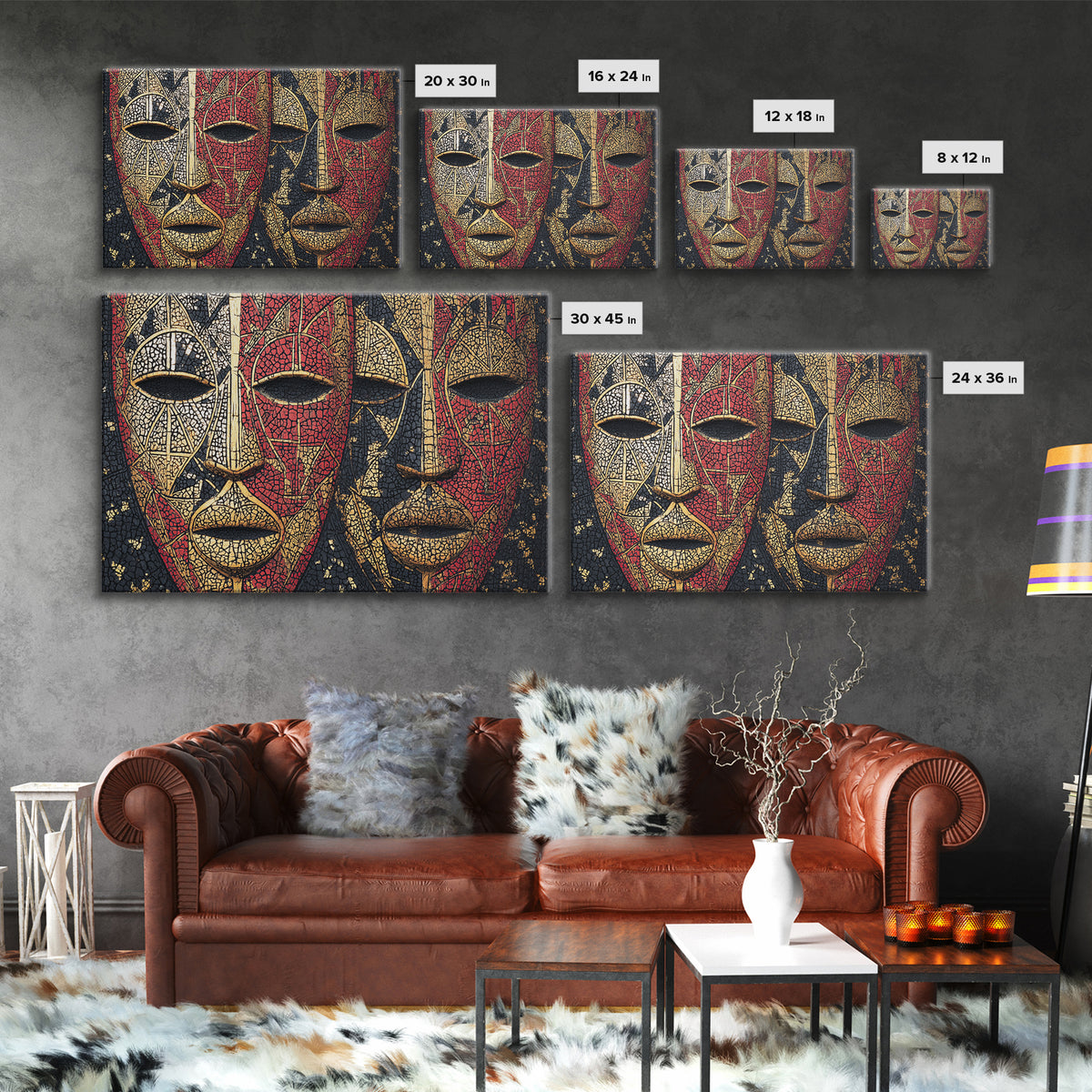Dual African Tribal Masks In Red Gold Mosaic, Framed Canvas Print, Afrocentric Mask Art, Bold Cultural Wall Decor For Home