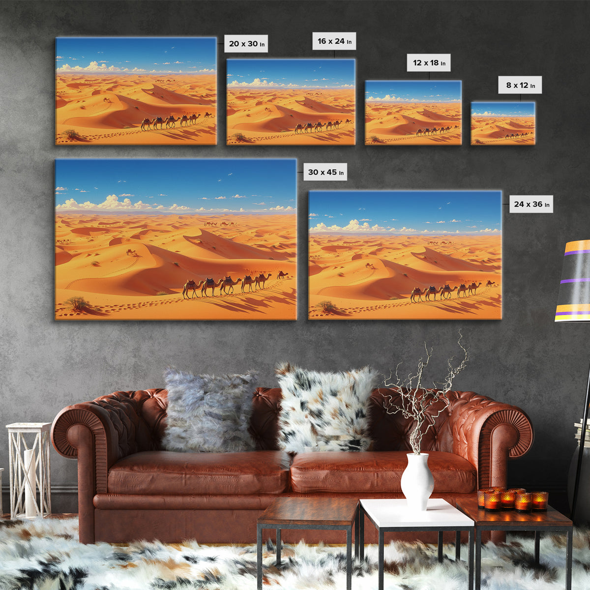 Golden Sahara Dunes With Camel Caravan, African Wall Art, Desert Landscape Print, Travel Decor, Boho Living Room Gift Poster