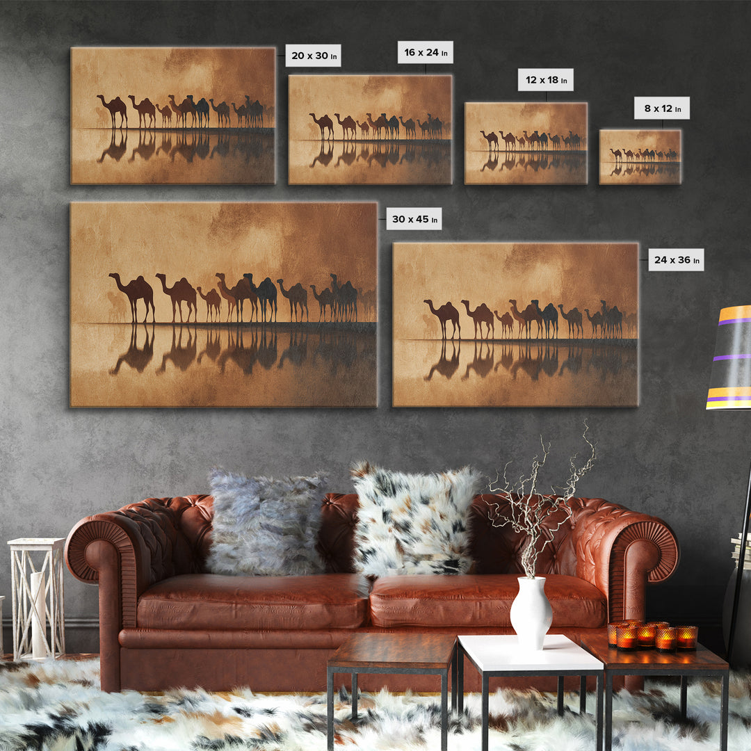 Sepia Camel Caravan Reflections At Dusk, Canvas Print, African Safari Art, Earth Tone Wall Decor, Desert Home Decor Gift