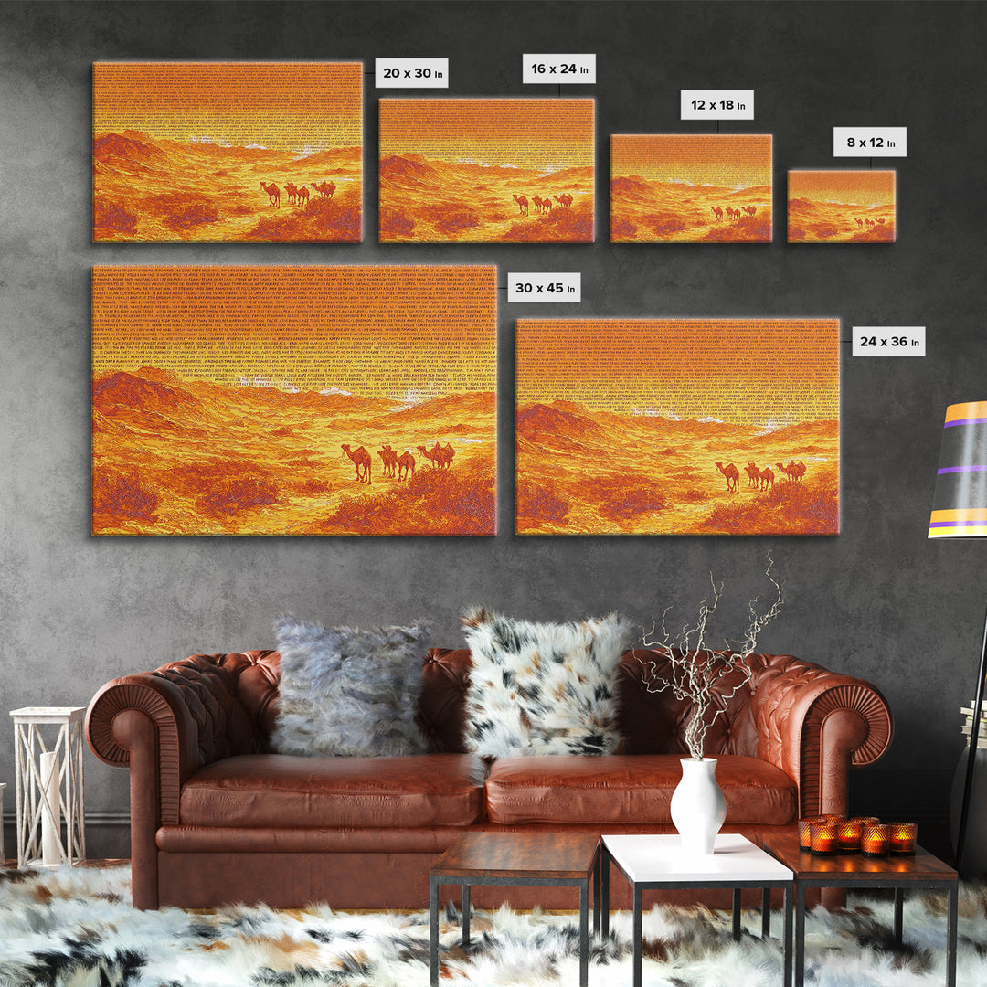 Orange Desert Camel Caravan With Text Texture, African Wall Art, Sahara Landscape Poster, Burnt Orange Boho Decor Gift Print