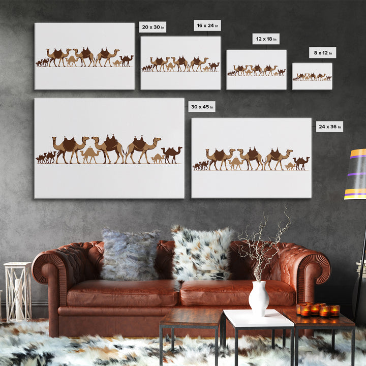 Minimal Camel Caravan Silhouette On White, Framed Canvas Print, African Desert Wall Decor, Neutral Safari Art Gift For Living Room