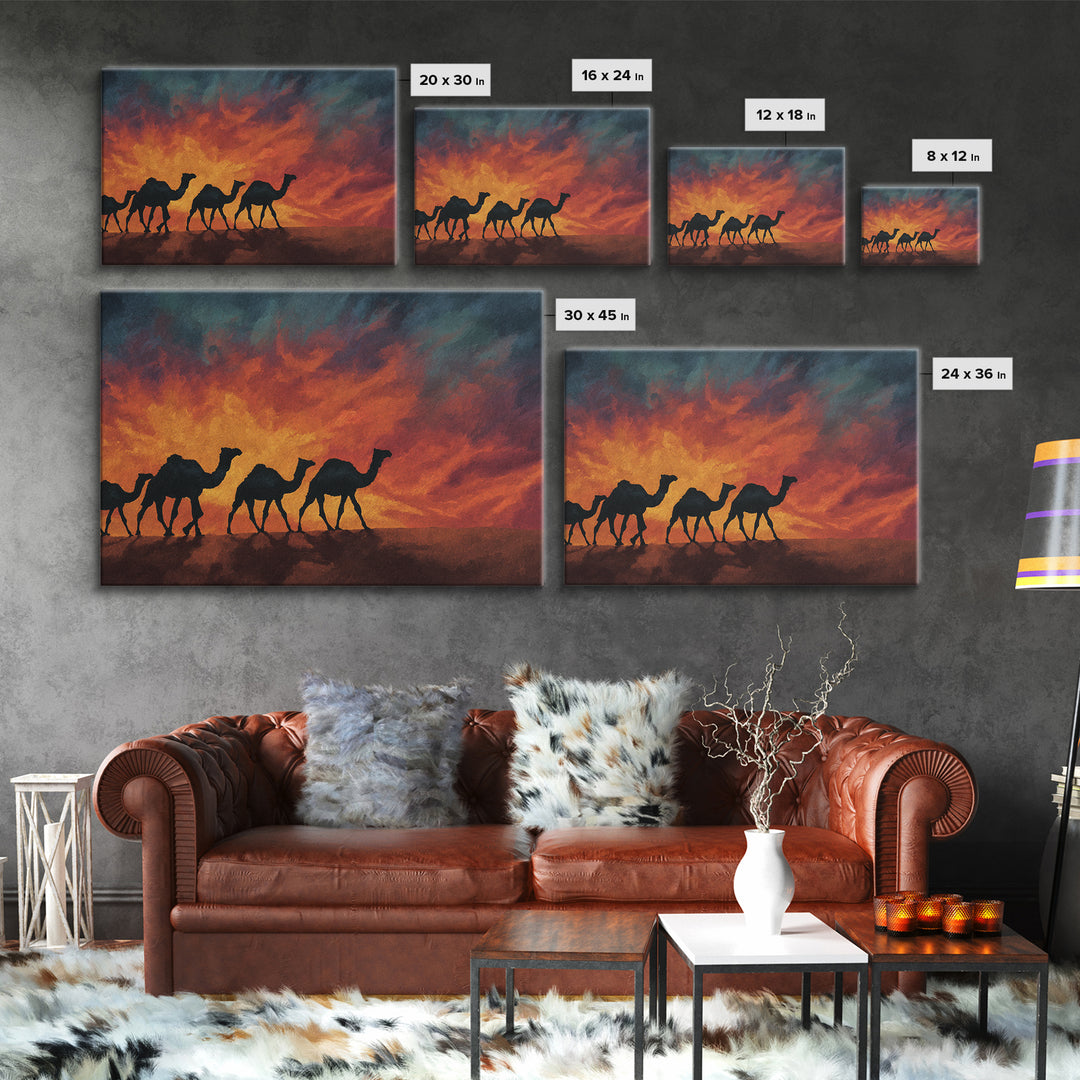 Fiery Sunset Camel Caravan Silhouettes, Canvas Print, African Safari Wall Art, Burnt Orange Desert Decor For Living Room