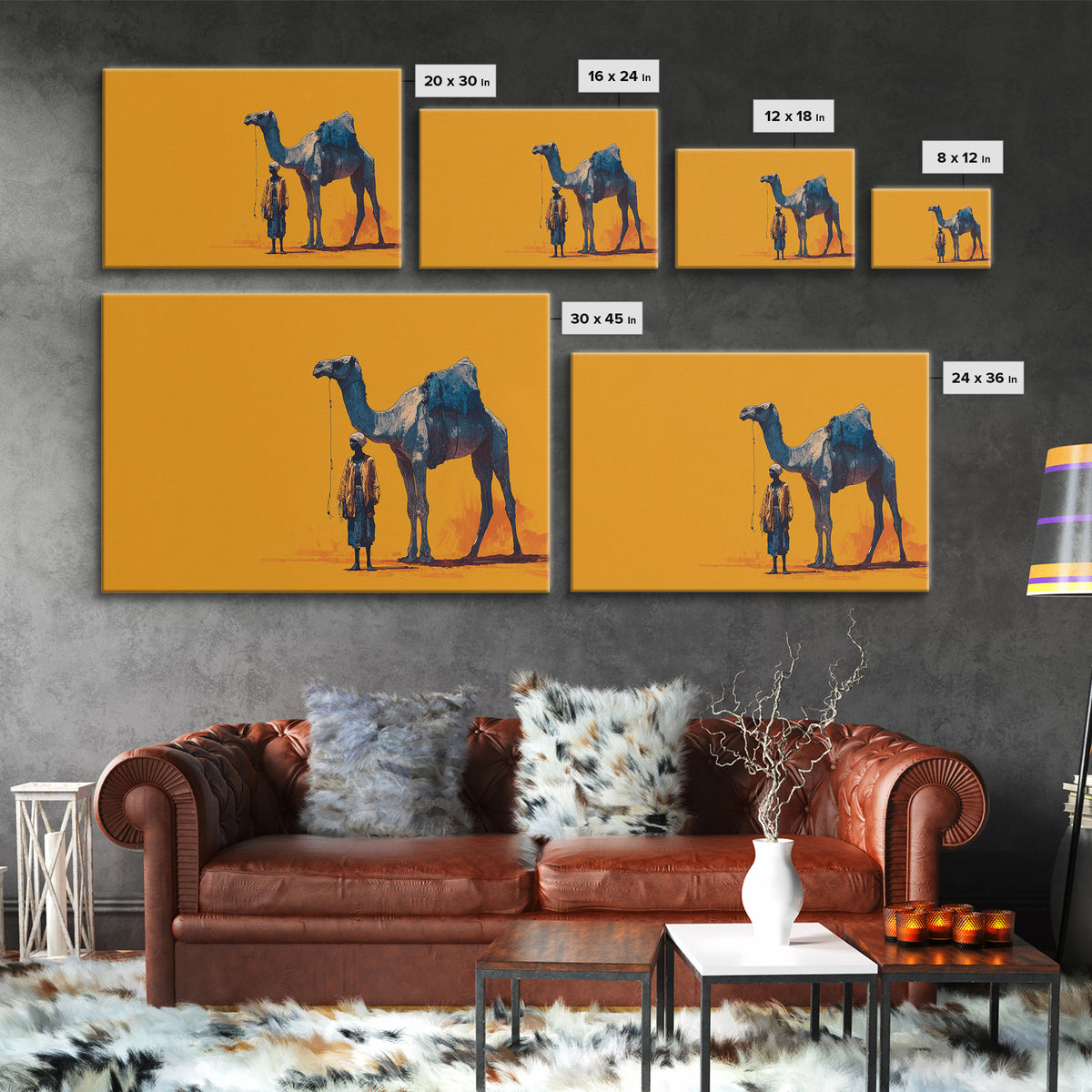 Blue Camel And Tuareg Traveler On Orange, African Wall Art, Minimalist Desert Portrait, Unique Canvas Gift For Him, Home Decor