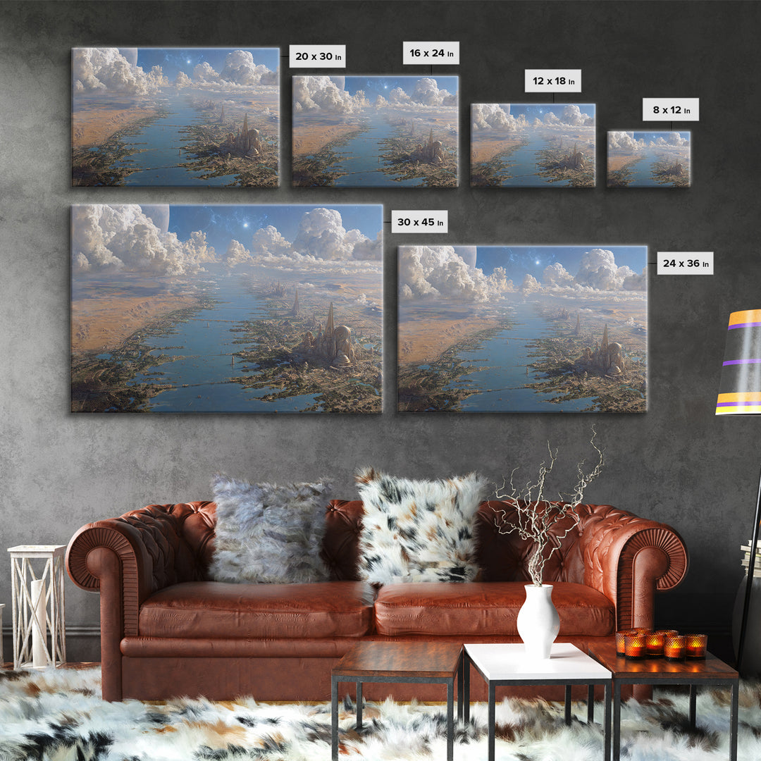 Futuristic Nile River City Canvas Print, African Landscape Sci Fi Wall Decor, Dreamy Blue Desert Skyline Home Decor Art Gift