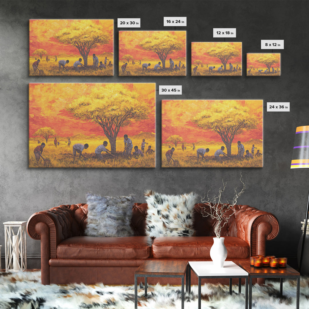 Golden Acacia Tree Planting Wall Art, African Children Landscape, Cultural Safari Decor Canvas For Living Room Home Decor Gift