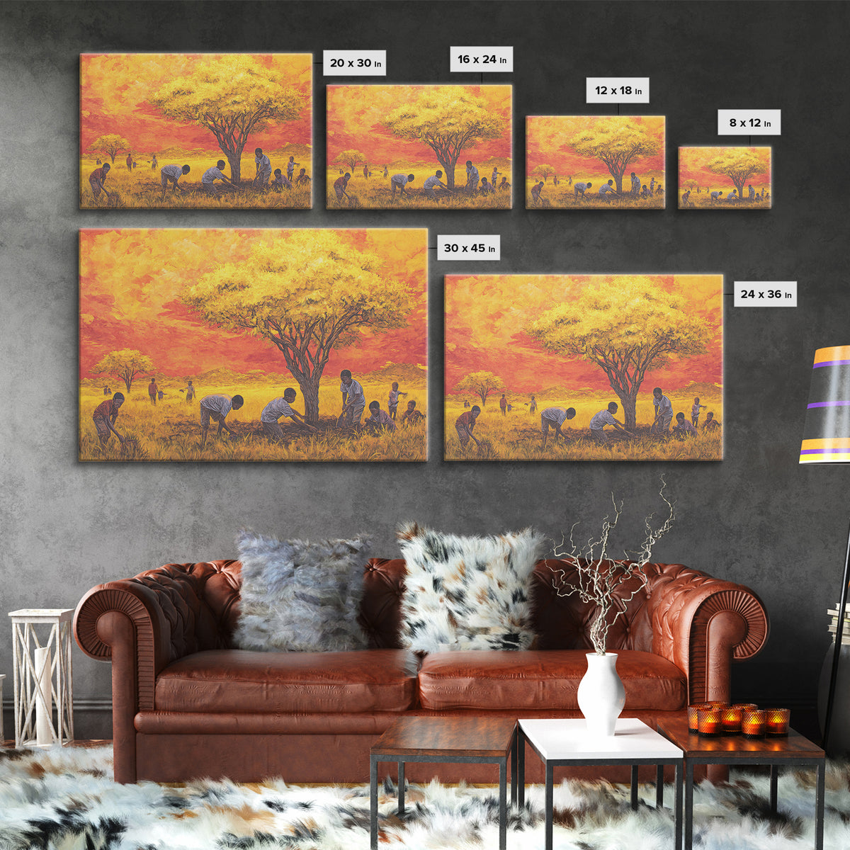 Golden Acacia Tree Planting Wall Art, African Children Landscape, Cultural Safari Decor Canvas For Living Room Home Decor Gift