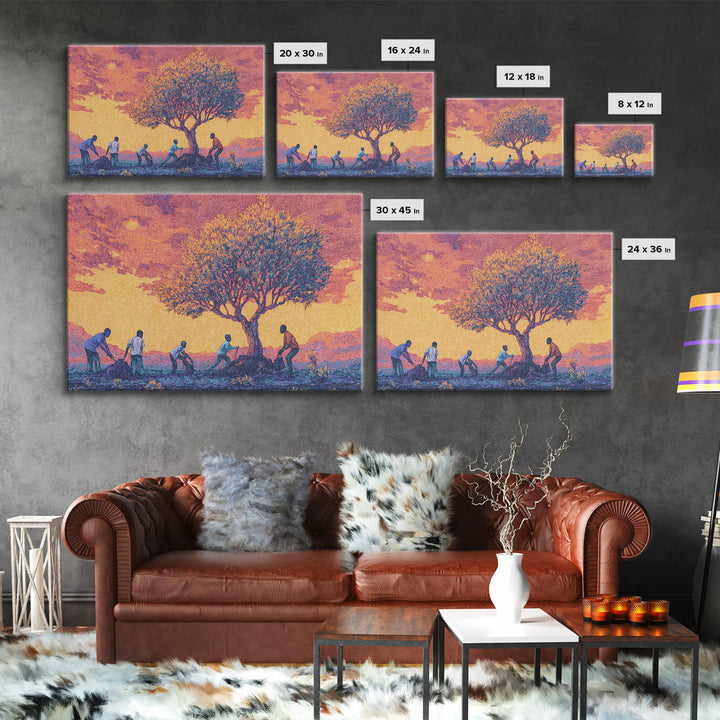 Sunset Acacia Harvest Framed Canvas Print, African Landscape Wall Art, Warm Orange Cultural Safari Decor For Home And Office