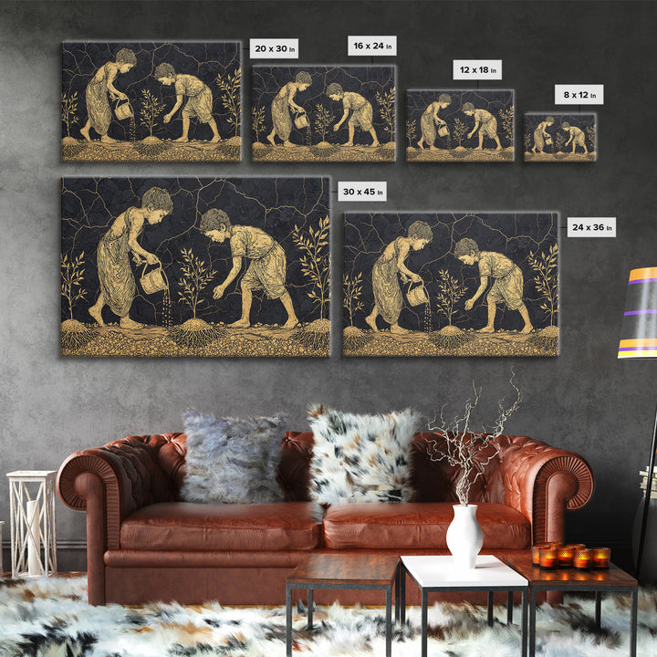 Gold Etched Children Planting Canvas Print, African Culture Art, Black And Gold Farm Scene Wall Decor For Meaningful Gift