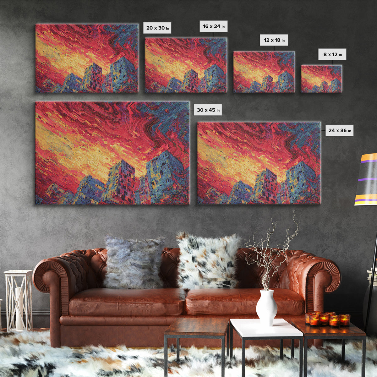 Fiery City Skyline Canvas Print, Modern Urban Wall Art, Bold Red Sunset Architecture Decor For Office Living Room Statement Decor
