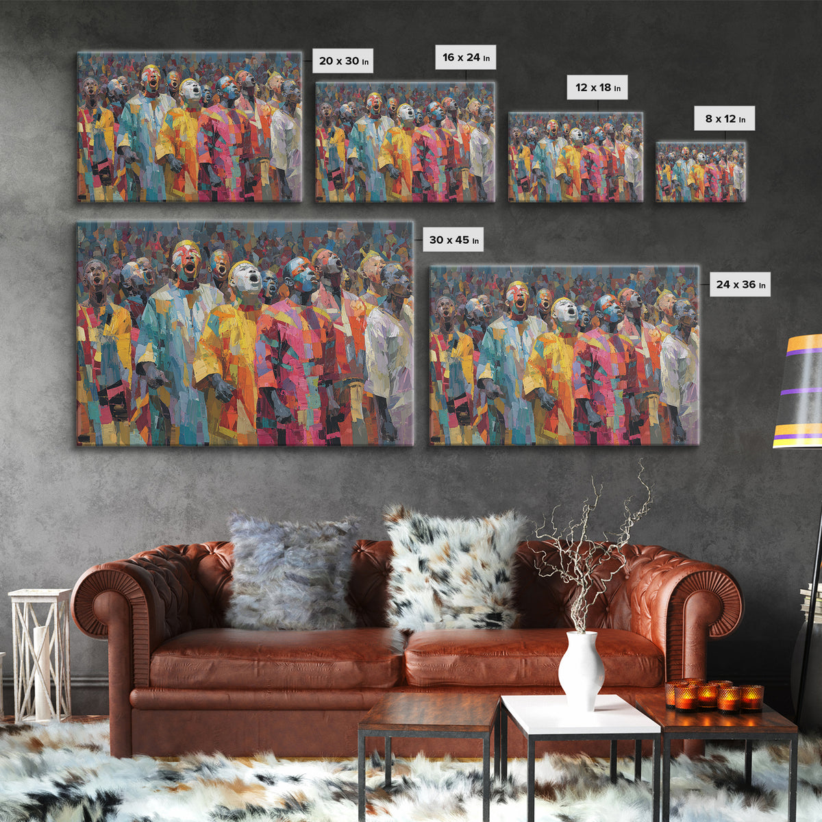 Colorful African Masked Choir Wall Art, Festival Procession Painting, Afrocentric Culture Decor, Bold Gallery Canvas Print