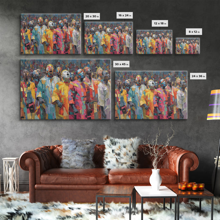 Colorful African Masked Choir Wall Art, Festival Procession Painting, Afrocentric Culture Decor, Bold Gallery Canvas Print